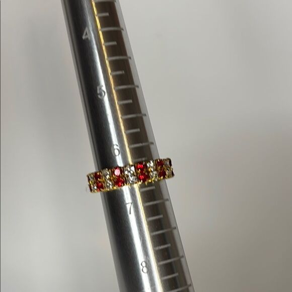 Double Gold Tone White and Red Crystal Banded Stretch Ring Size 6-15 - Picture 2 of 4